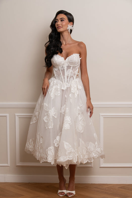 Strapless Corset A-Line Floral Lace Tea-Length Dress