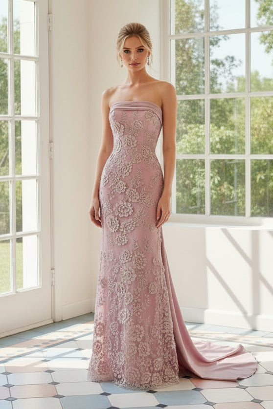 Strapless Floral Lace Gown with Satin Back Drape