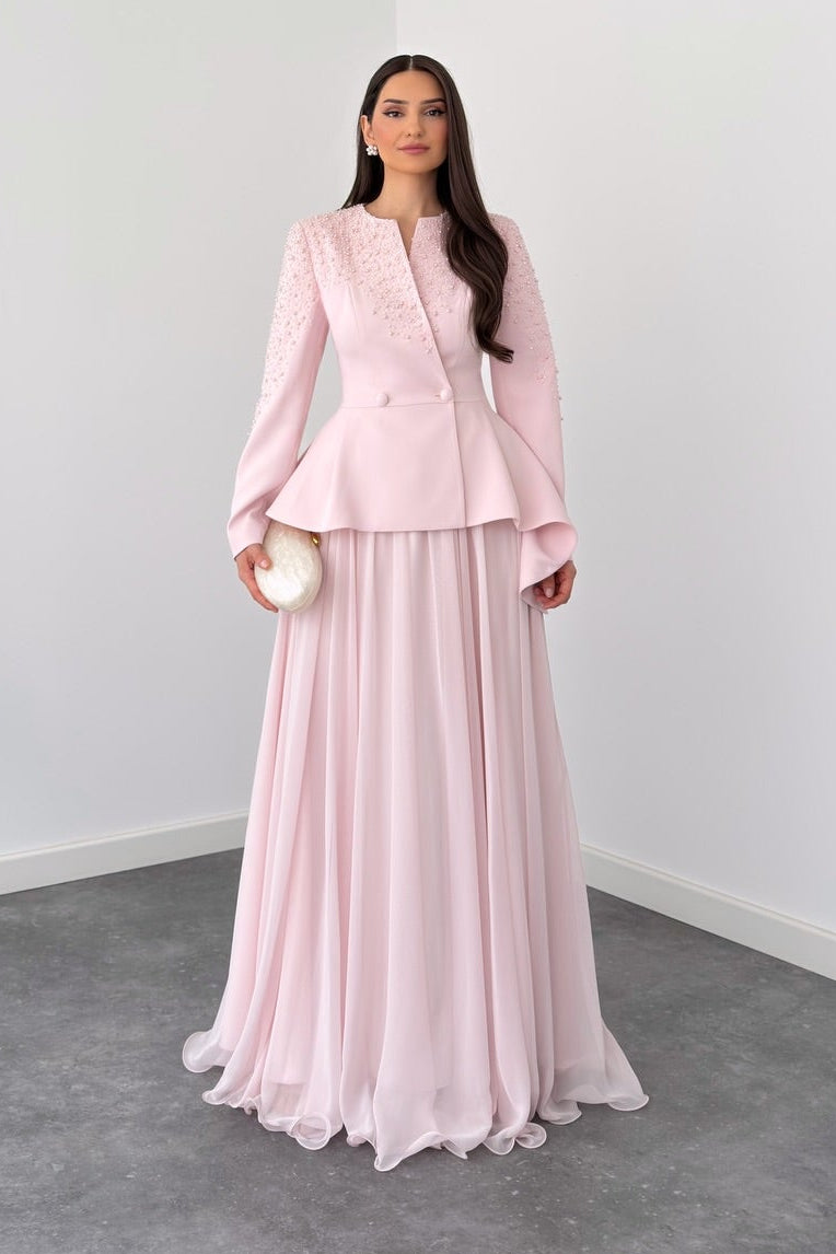Pearl Beaded Peplum Two-Piece Gown