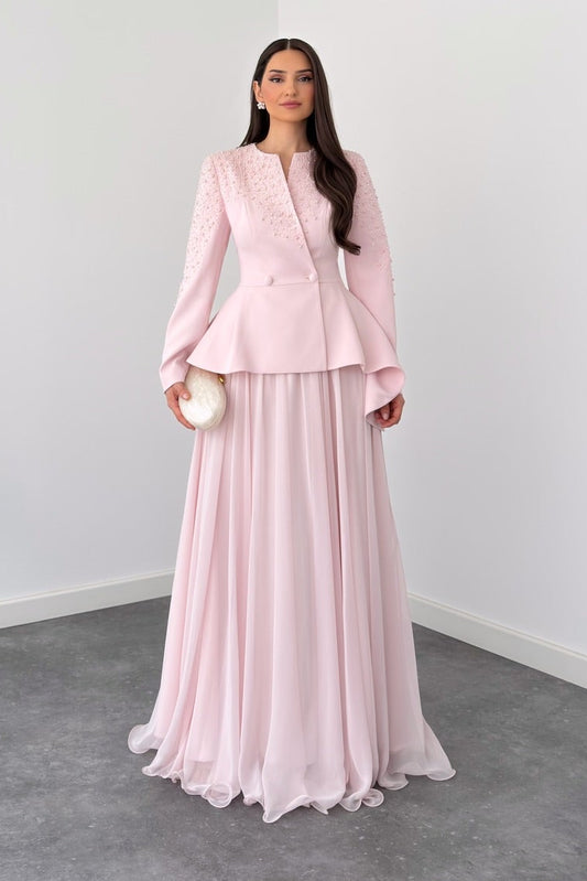 Pearl Beaded Peplum Two-Piece Gown