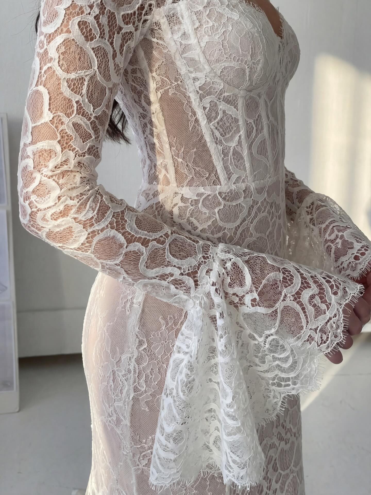 Long Bell Sleeve Lace Corset Mermaid Wedding Dress