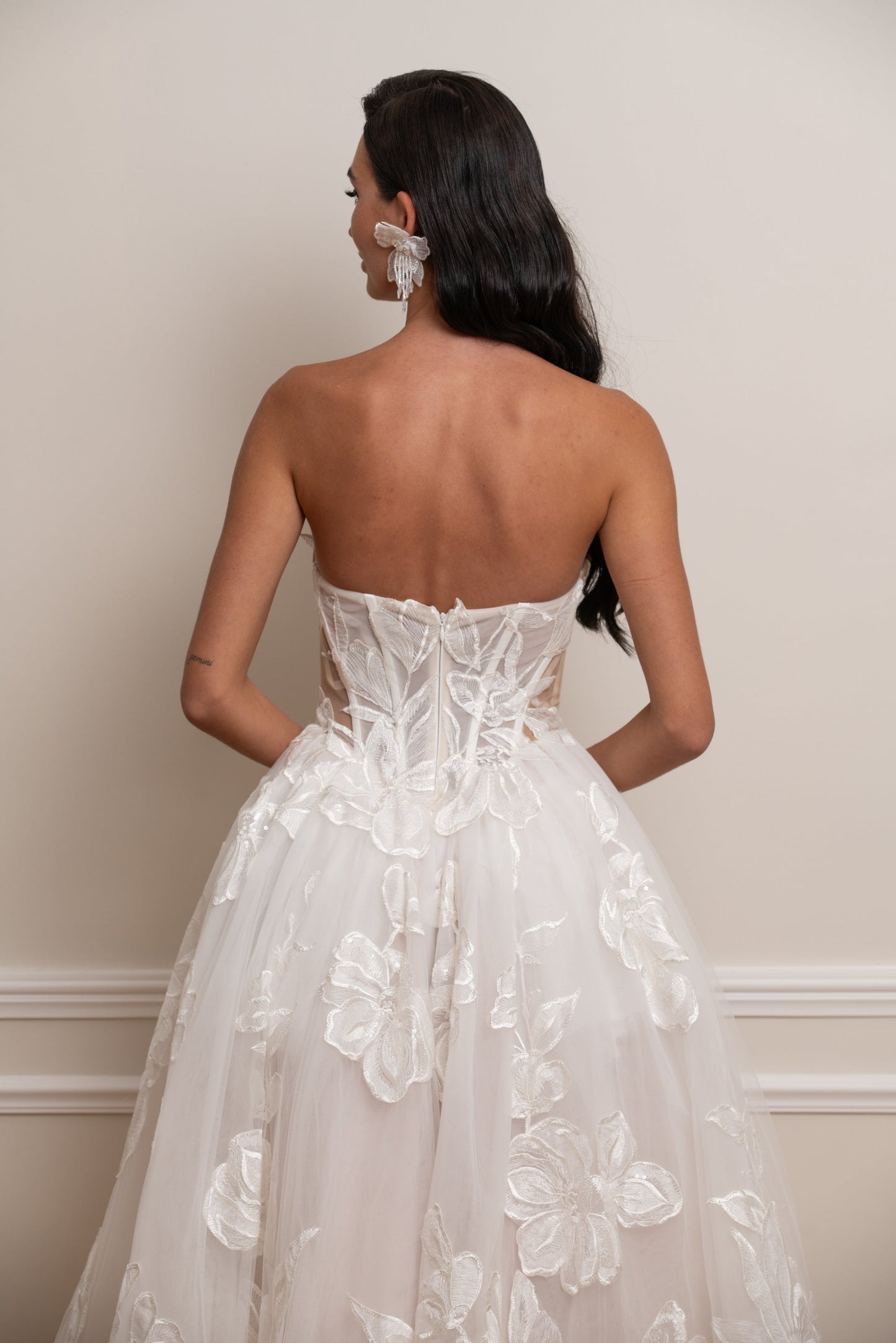 Strapless Corset A-Line Floral Lace Tea-Length Dress