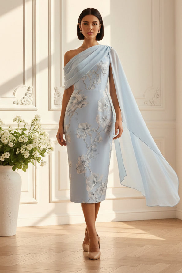 Floral One-Shoulder Midi Dress with Chiffon Cape