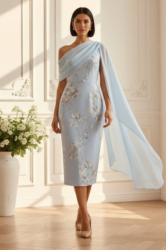 Floral One-Shoulder Midi Dress with Chiffon Cape