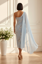 Floral One-Shoulder Midi Dress with Chiffon Cape
