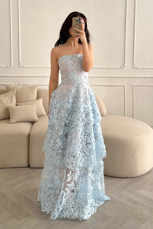 3D Floral Applique Strapless Tiered Tulle Gown