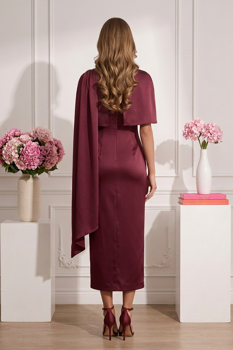 Asymmetric Cape Satin Midi Sheath Dress