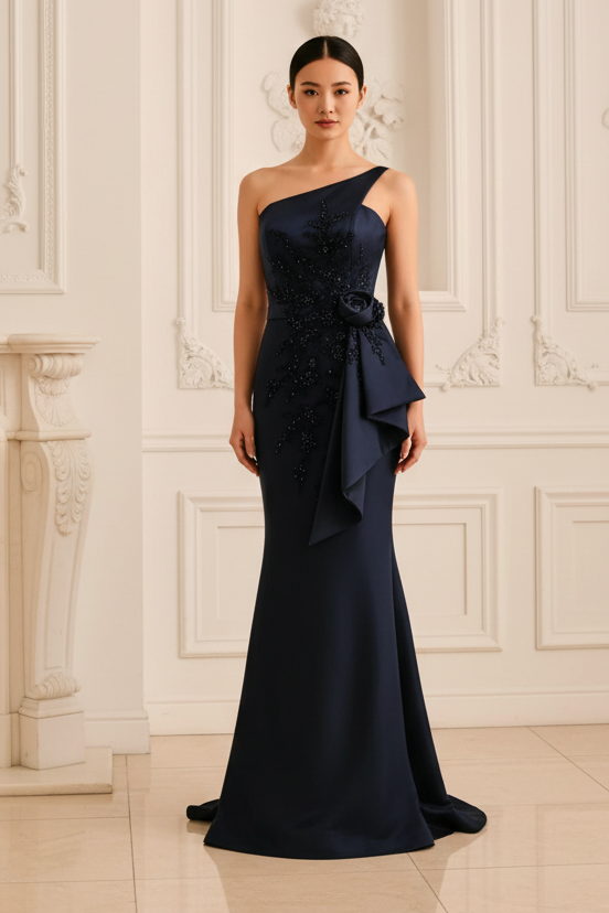 One-Shoulder Applique Mermaid Evening Gown