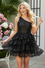 Tiered Lace and Sequin One-Shoulder Mini Dress
