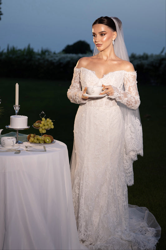 Off-Shoulder Lace Long Sleeve Wedding Gown