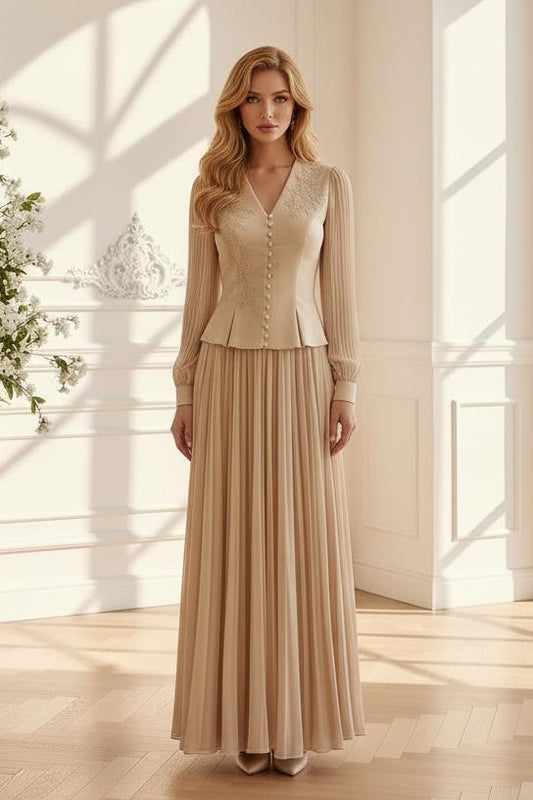 Embroidered Peplum Two-Piece Set with Pleated Maxi Skirt