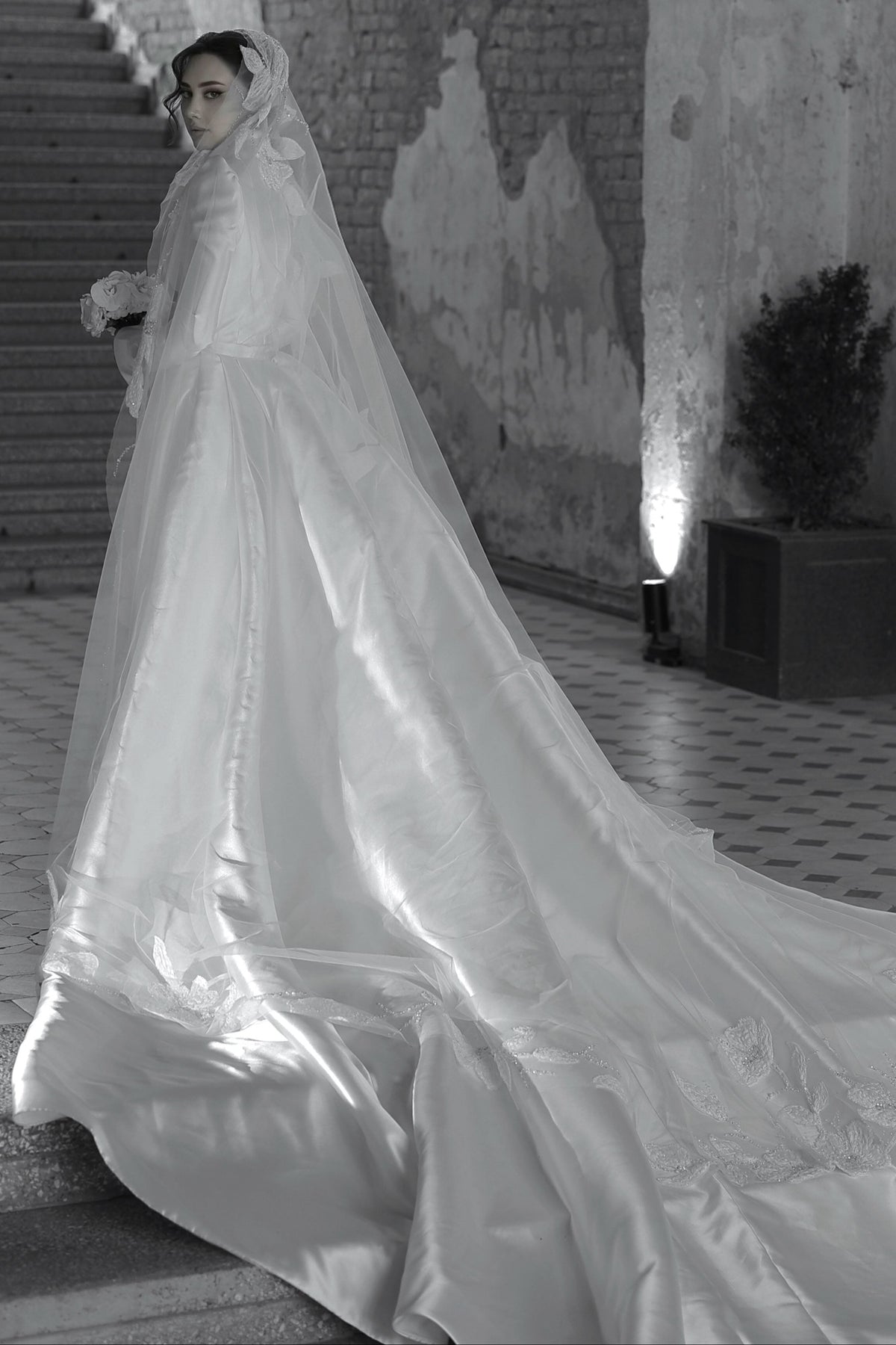 Long Sleeve Satin Wedding Dress with Stand Collar