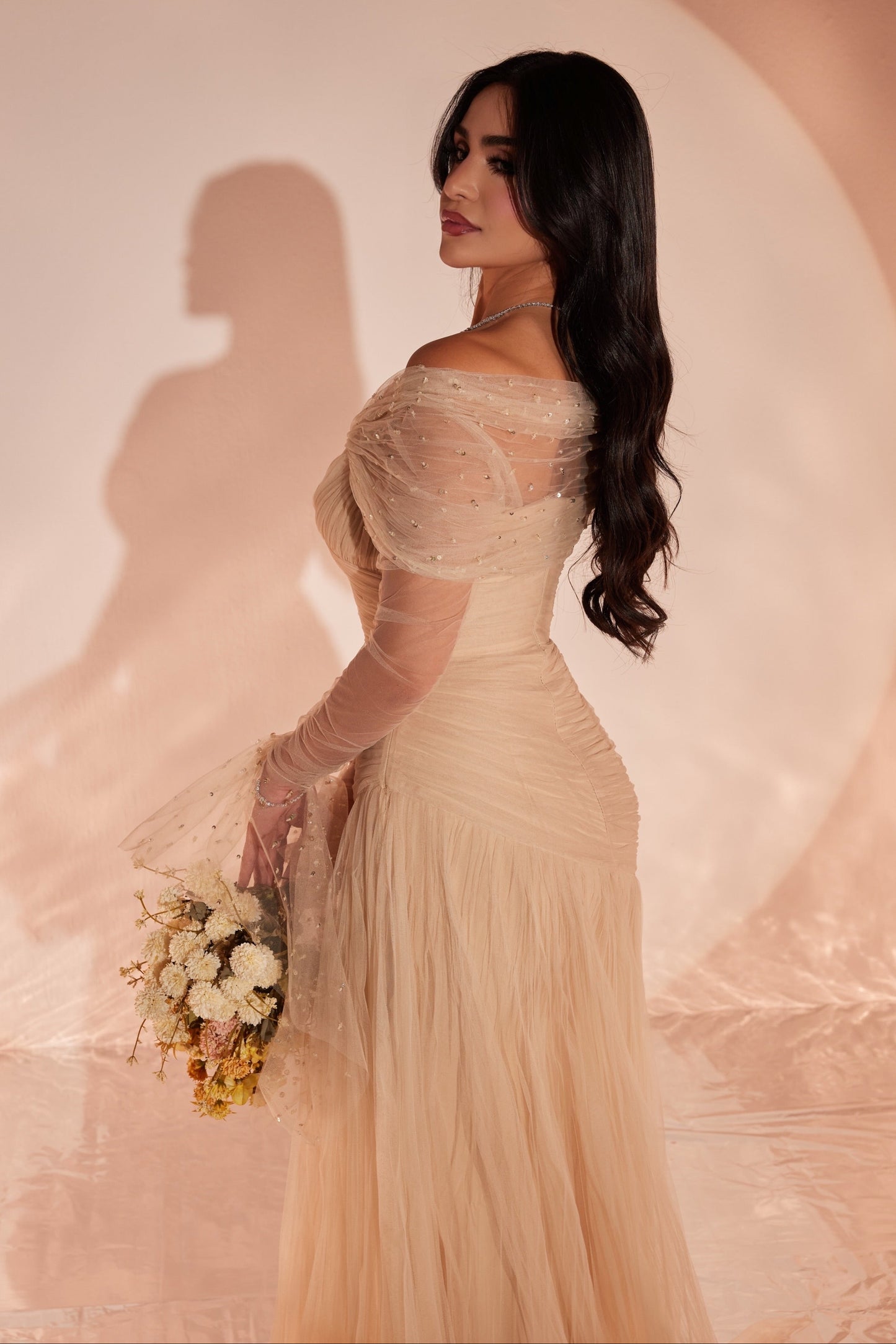 Off-the-Shoulder Ruched Tulle Evening Gown