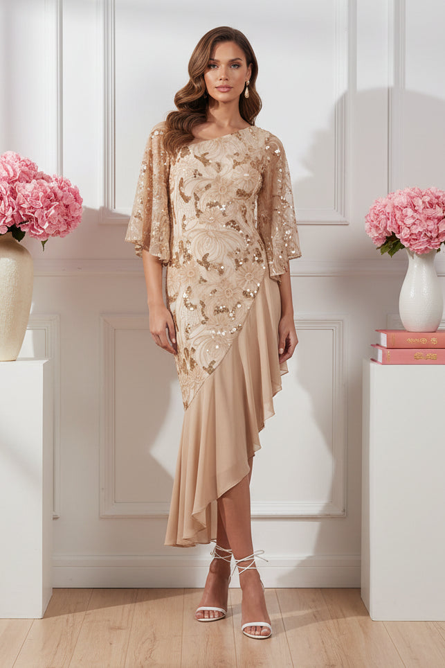 Sequined Asymmetrical High-Low Dress with Bell Sleeves