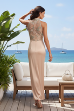 Embellished Halter Neck Satin Sheath Evening Gown