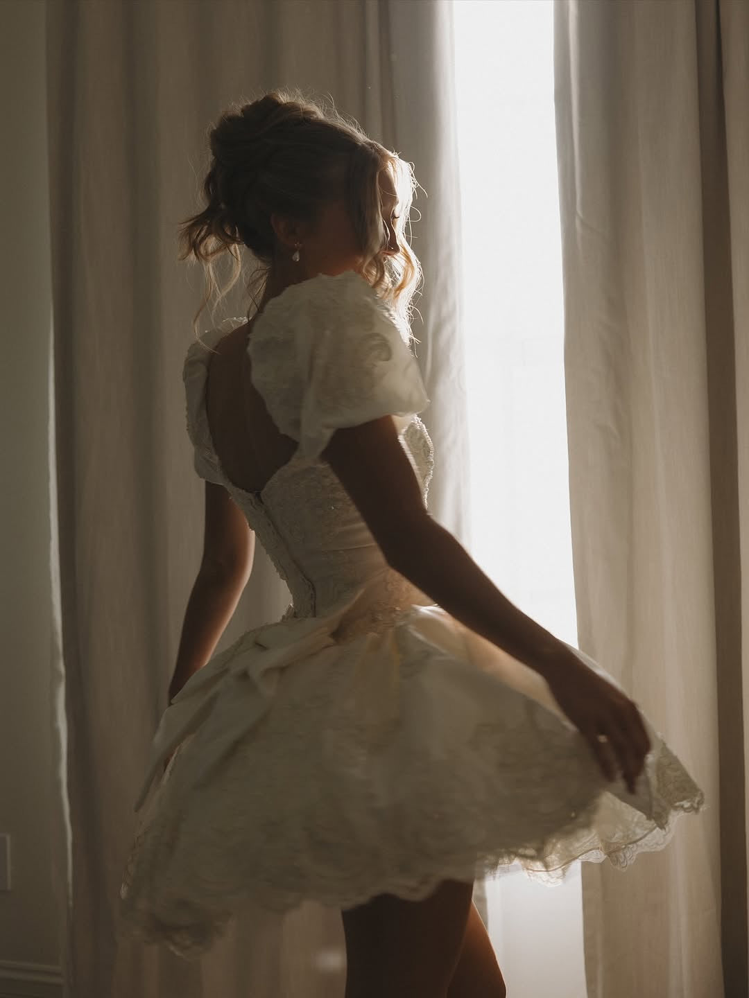 Puff Sleeve Bubble Skirt Mini Bridal Dress