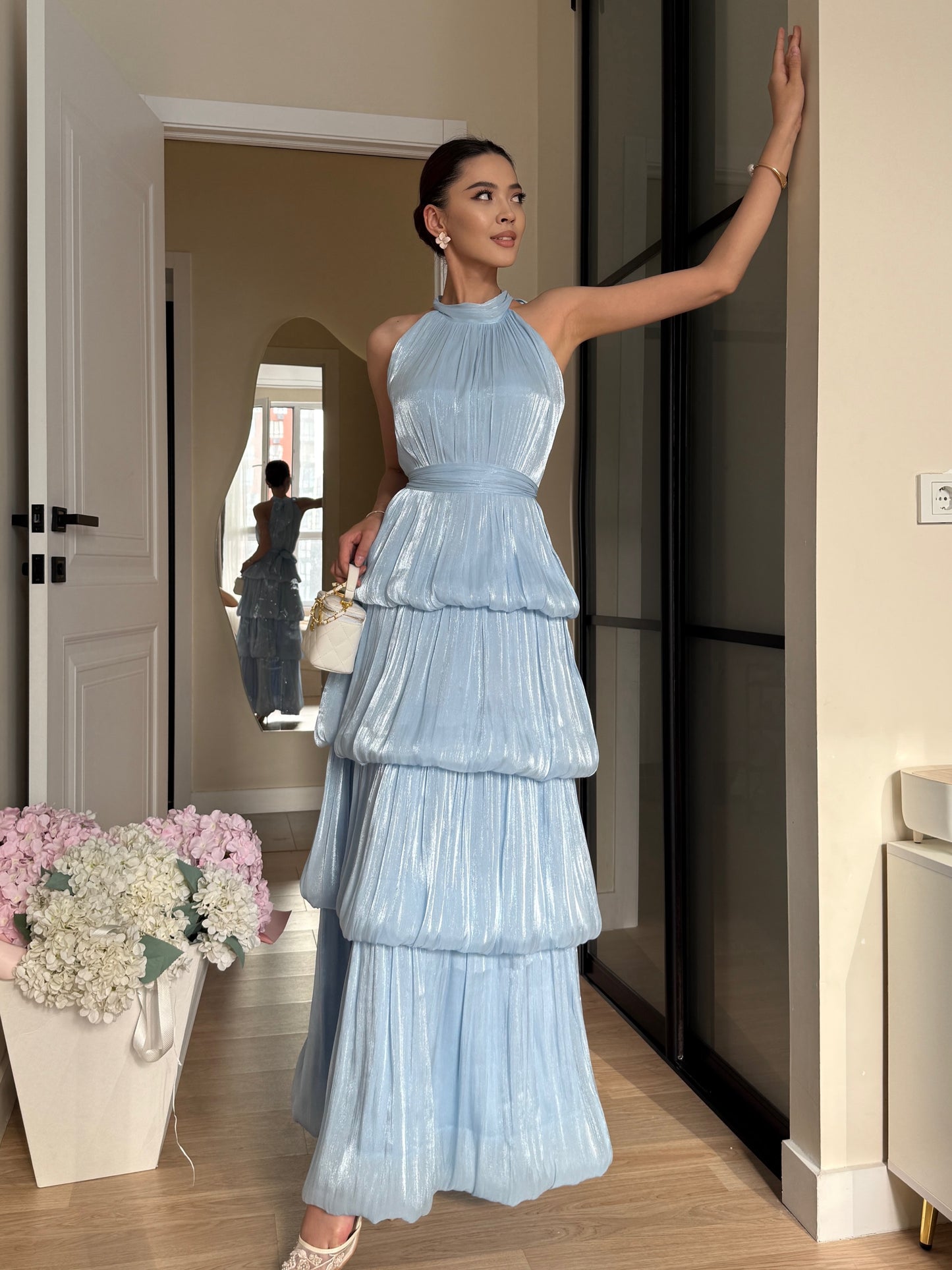 Shimmer Pleated Halter Tiered Gown