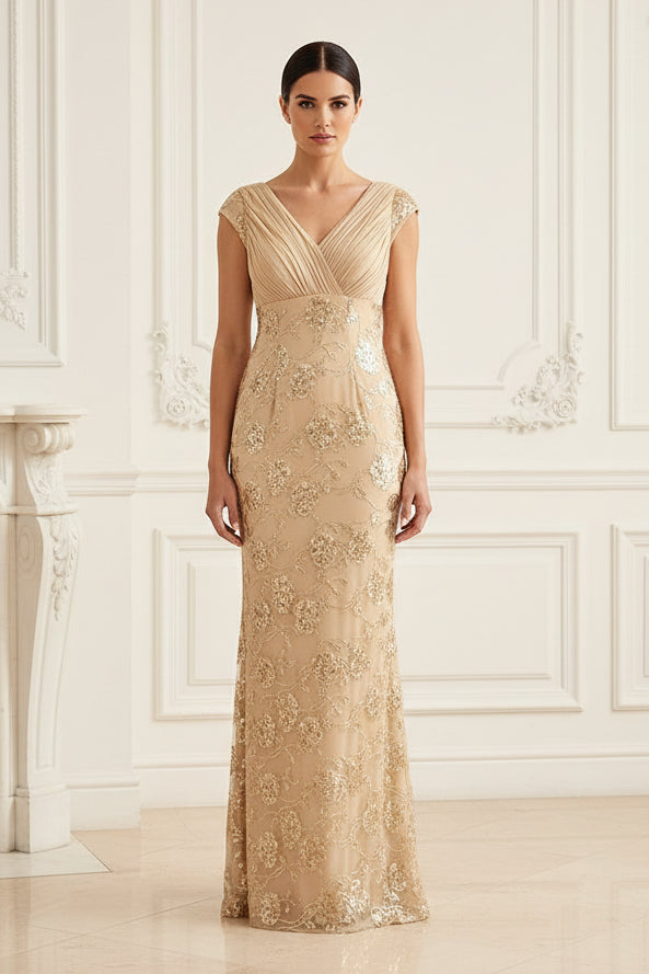 Pleated V-Neck Beaded Evening Gown