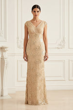 Pleated V-Neck Beaded Evening Gown