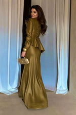 Draped Long Sleeve Peplum Evening Gown