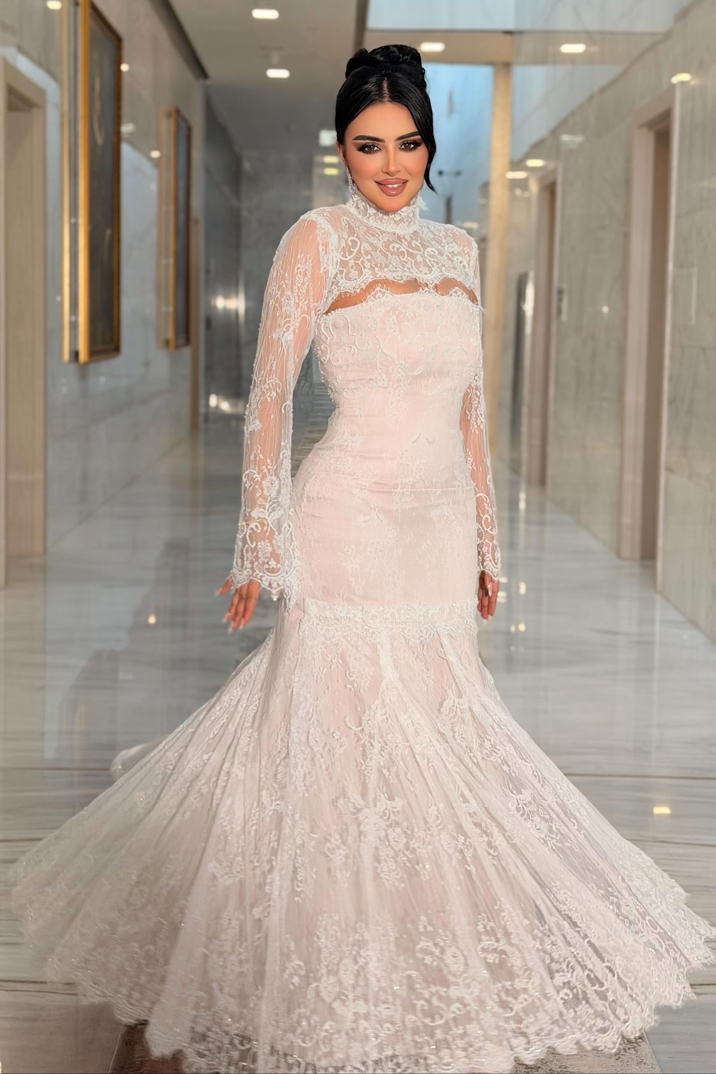 High-Neck Lace Trumpet Gown with Long Flare Sleeves