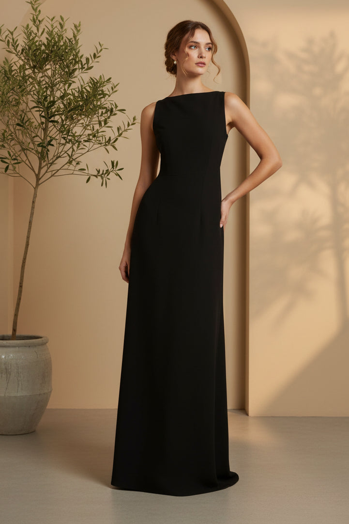 Bateau Neck Column Gown with Statement Back Bow