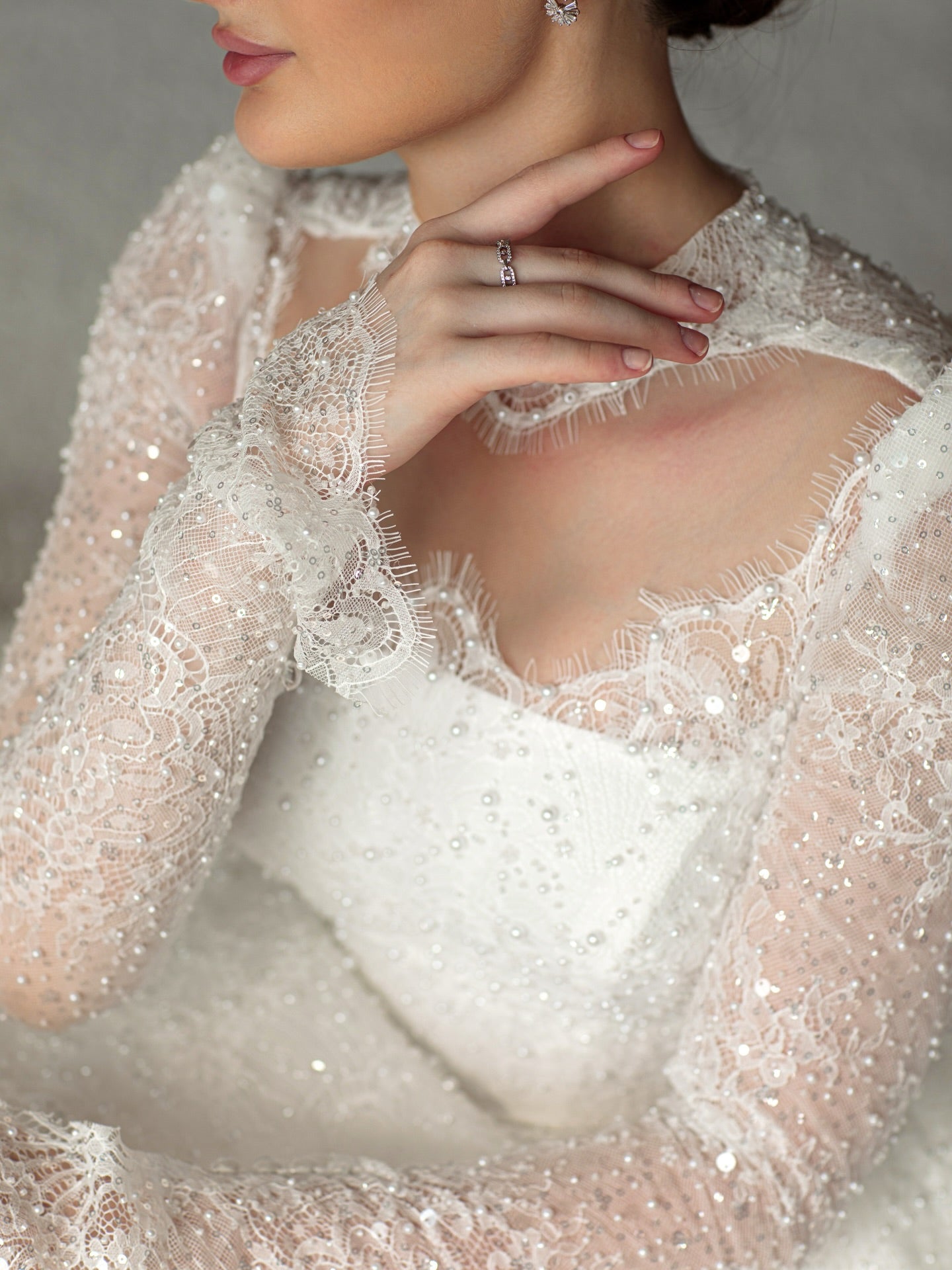 Long Sleeve Beaded Lace Ball Gown Wedding Dress