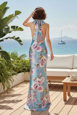 Floral Print High Neck Gown with Back Bow