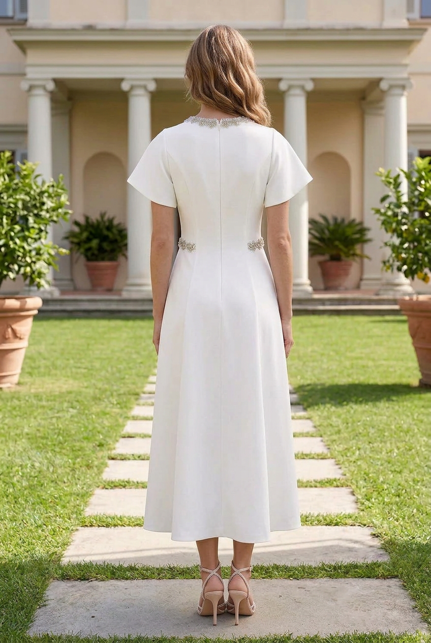 Embellished A-Line Midi Dress with Flutter Sleeves