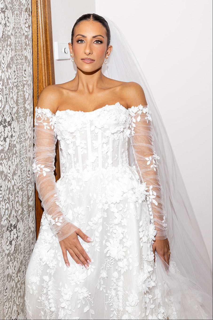 Off-The-Shoulder 3D Floral Corset Wedding Dress