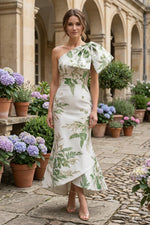 One-Shoulder Floral Jacquard High-Low Dress
