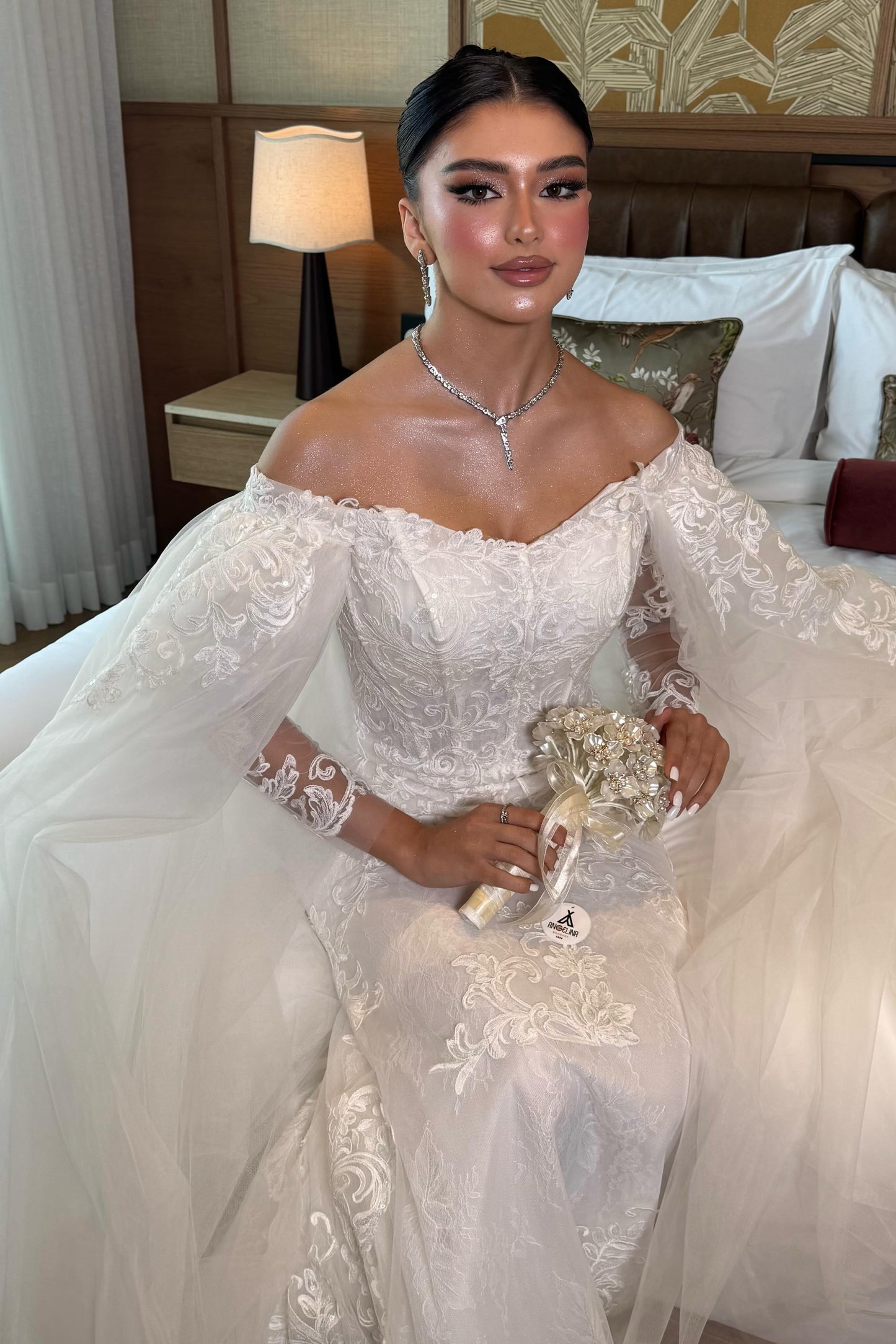 Lace Applique Off-the-Shoulder Cape Wedding Dress