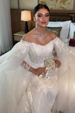 Lace Applique Off-the-Shoulder Cape Wedding Dress