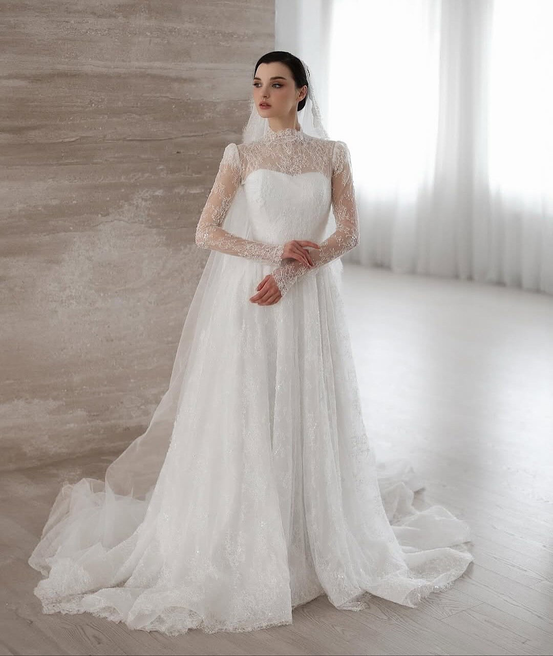 High Neck Lace Long Sleeve Ball Gown Wedding Dress