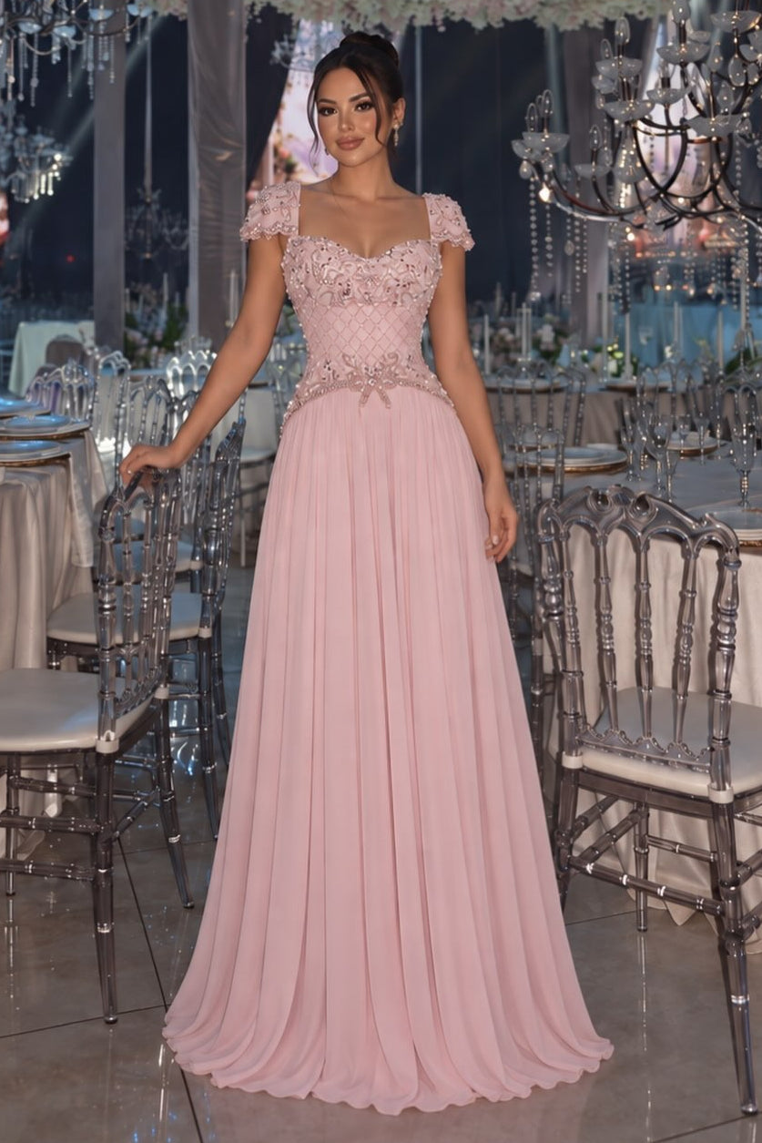 Beaded Cap Sleeve A-Line Chiffon Maxi Gown