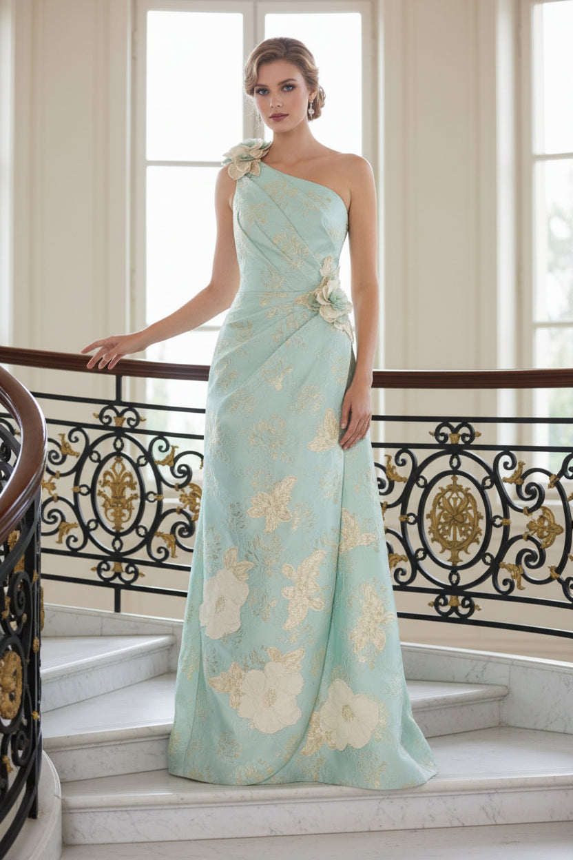 One-Shoulder Floral Jacquard A-Line Gown
