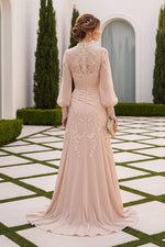 Ruched A-Line Gown with Illusion Lace Long Sleeves