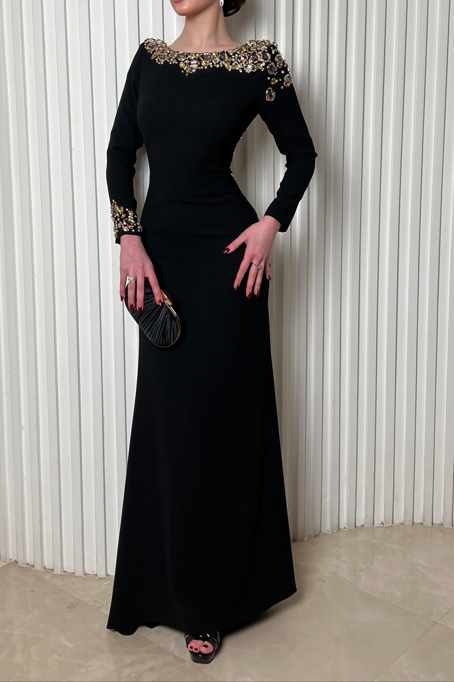 Beaded Bateau Neck Open Back Evening Gown