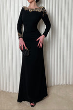Beaded Bateau Neck Open Back Evening Gown