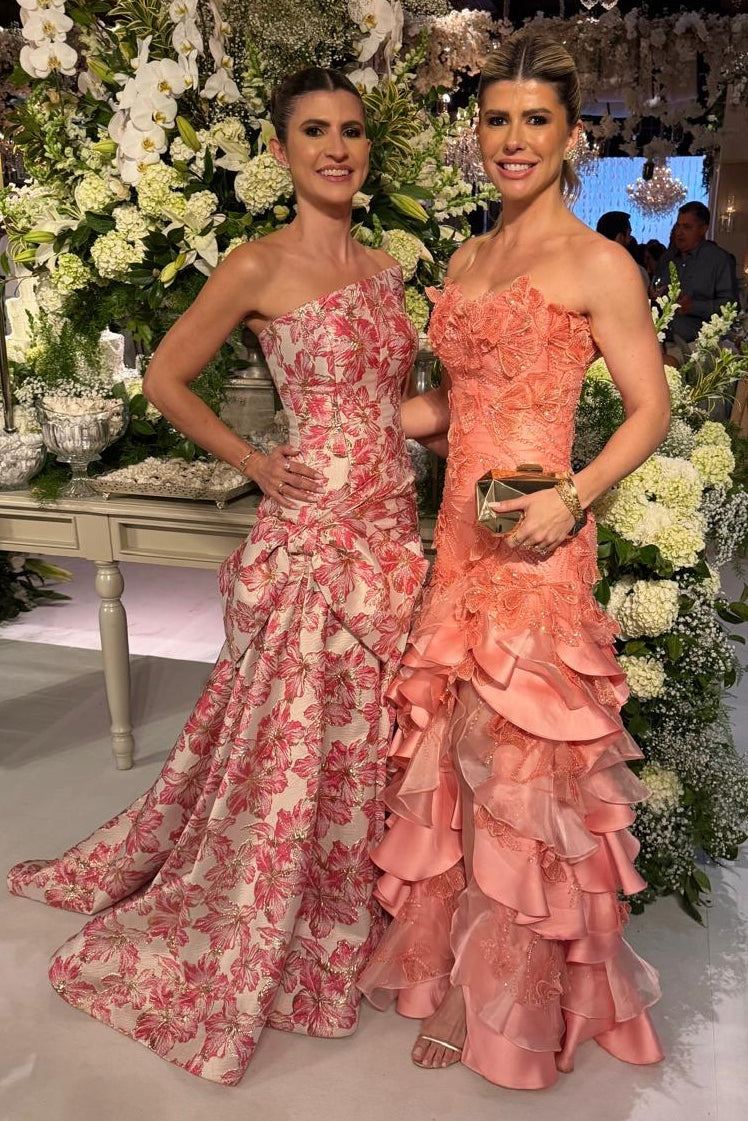 Floral Jacquard Strapless A-Line Evening Gown