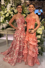 Floral Jacquard Strapless A-Line Evening Gown