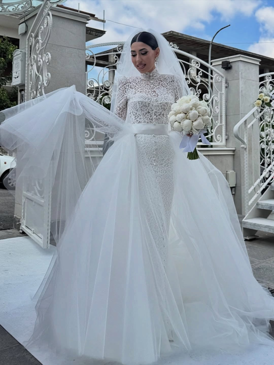 High Neck Lace Mermaid Wedding Dress with Detachable Train