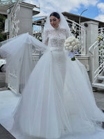 High Neck Lace Mermaid Wedding Dress with Detachable Train