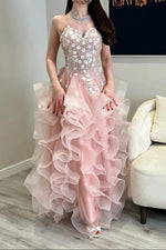 Strapless Ruffle Ball Gown with Floral Beading