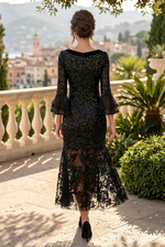 Sequin Midi Dress with Tiered Bell Sleeves