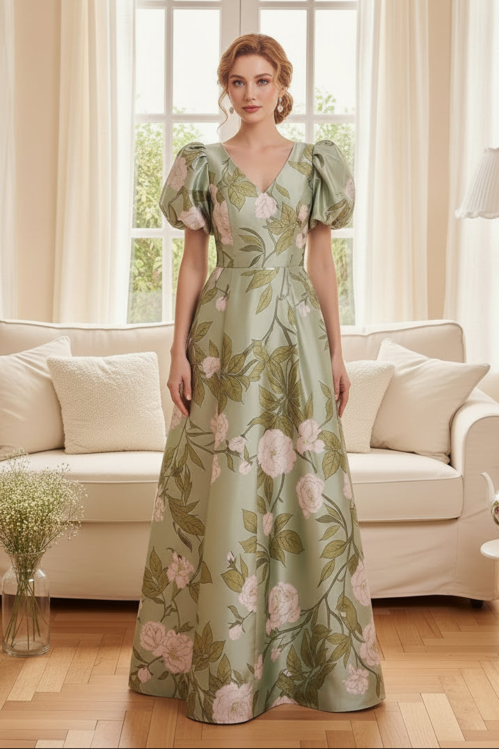 Floral Print V-Neck A-Line Gown with Puff Sleeves