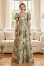 Floral Print V-Neck A-Line Gown with Puff Sleeves