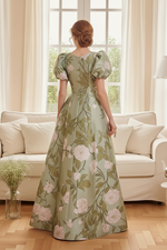 Floral Print V-Neck A-Line Gown with Puff Sleeves
