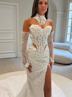 Beaded Corset Mermaid Wedding Dress with High Slit