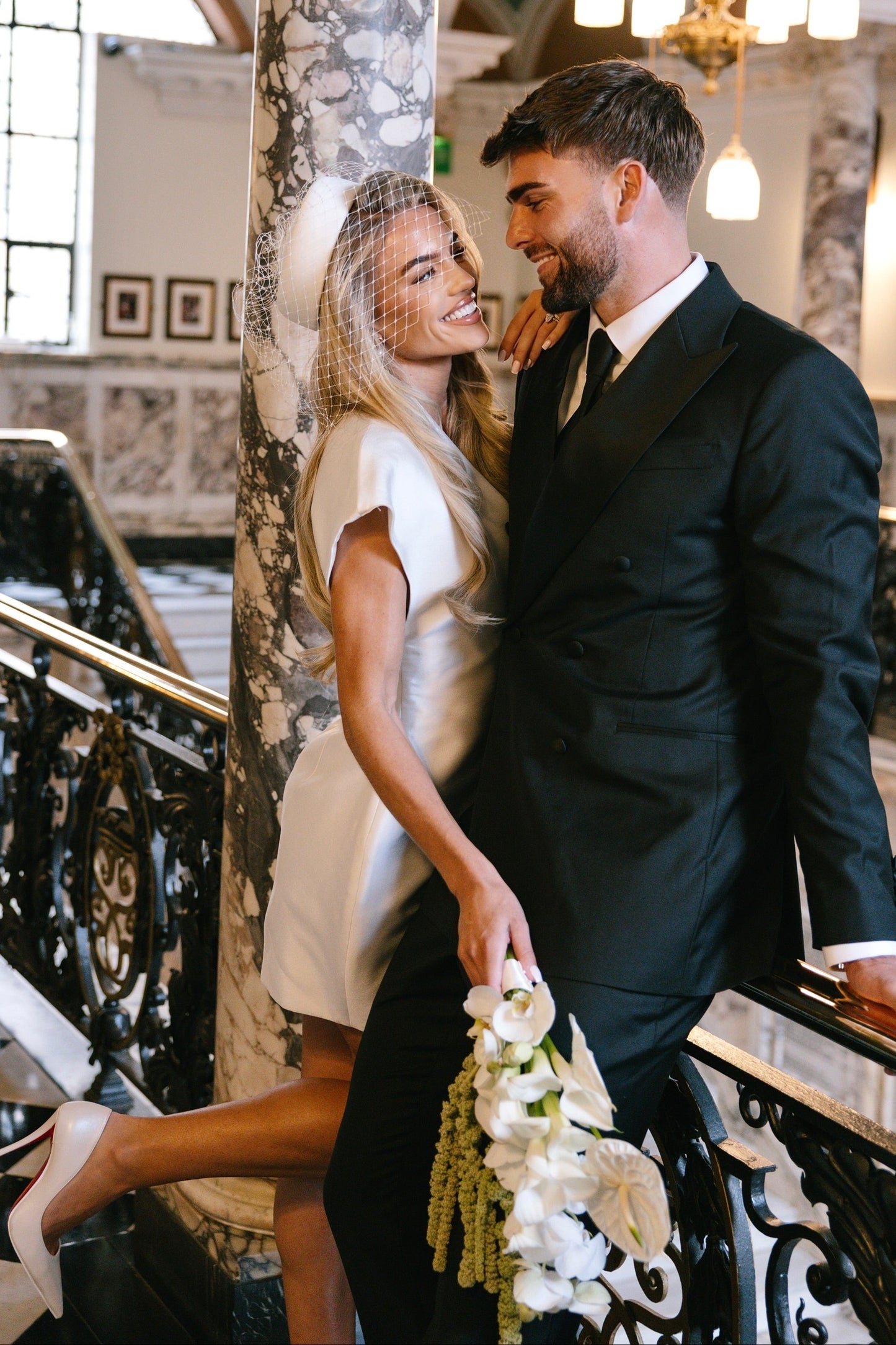 Satin Wrap Mini Wedding Dress with Cap Sleeves